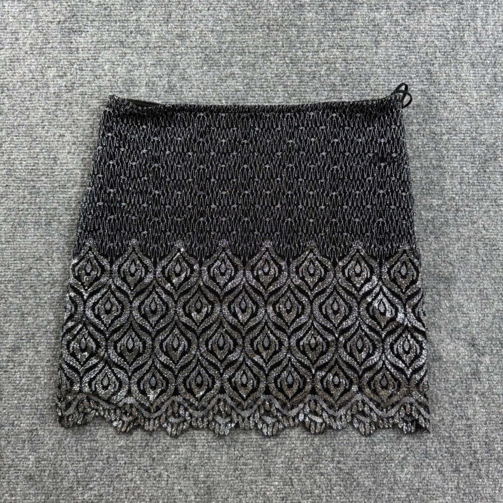 Free People Mini Skirt 4 Black Silver Metallic Embroidered Scalloped Womens